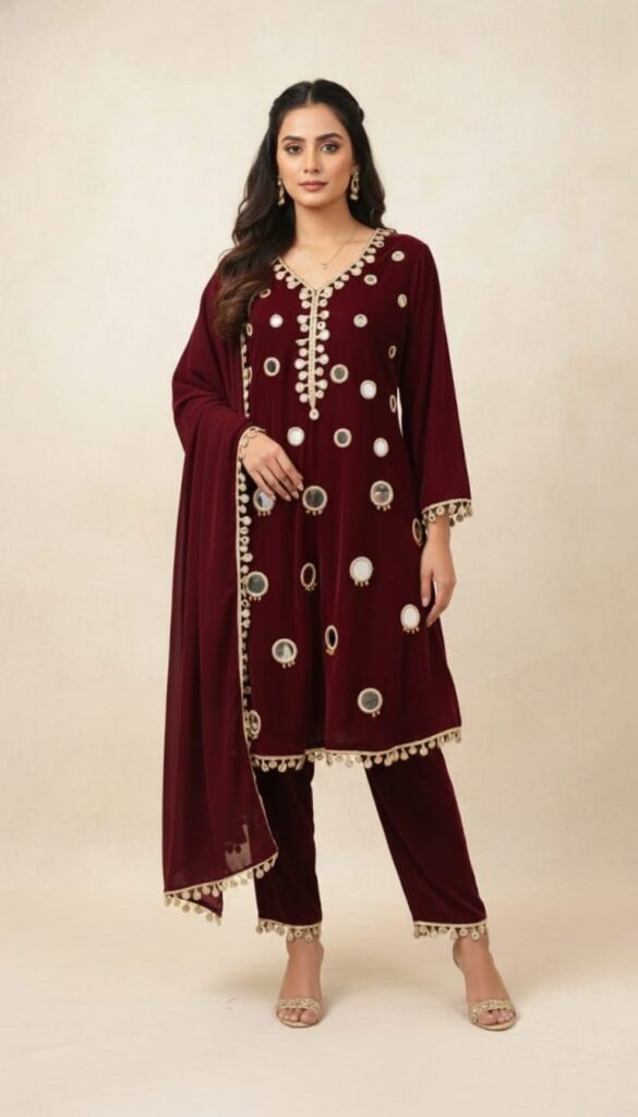 Royal Maroon Mirror Work Frock Set – Elegant Festive Wear